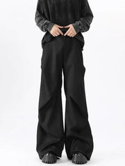 Threebooy American High Street Pleated Pants Floor Mopping Micro Trumpet Black Trousers Luxury Sense Clean Fit Casual Curved Knife Pants