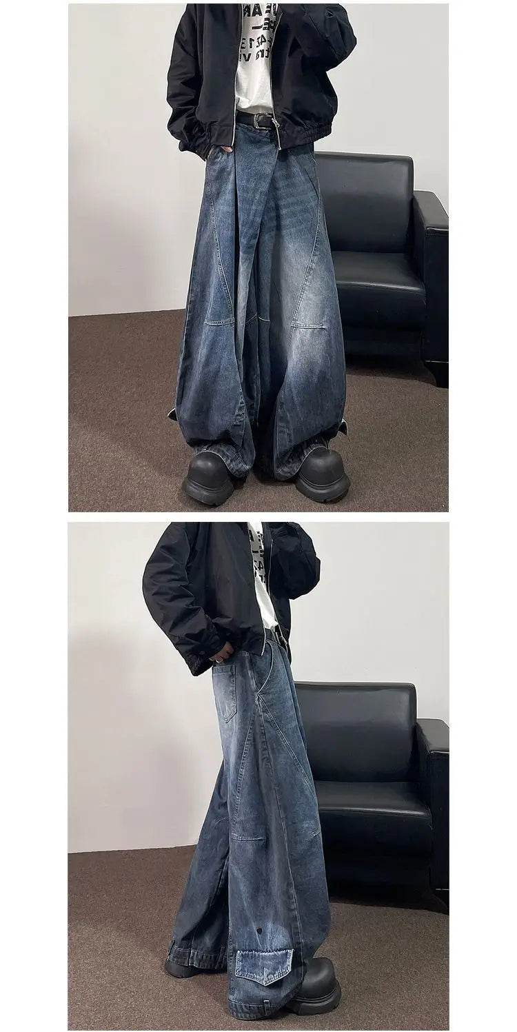Threebooy Hip hop high street men and women trendy hip-hop straight leg washed jeans for couples loose retro casual wide leg pants Y2K