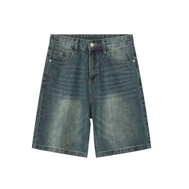 Threebooy Summer Men's Loose Distressed Denim Shorts Wide Leg Straight Five Point Mid Knee Length Jeans Shorts
