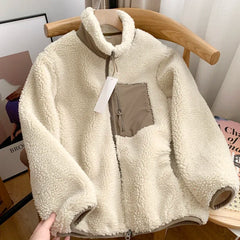Threebooy Autumn Winter Lambswool Coat Male Loose Windproof Warm Sherpa Stand Collar Polar Fleece Jacket Unisex Simple  Pocket Spliced Top
