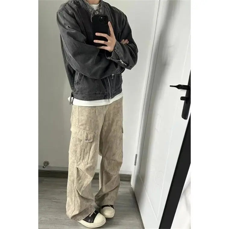 Threebooy  Punk Gray Denim Jacket Men's American Retro Heavy Industry Coat Metal Design Stand Collar Old Washed Short Spliced Street Jacket