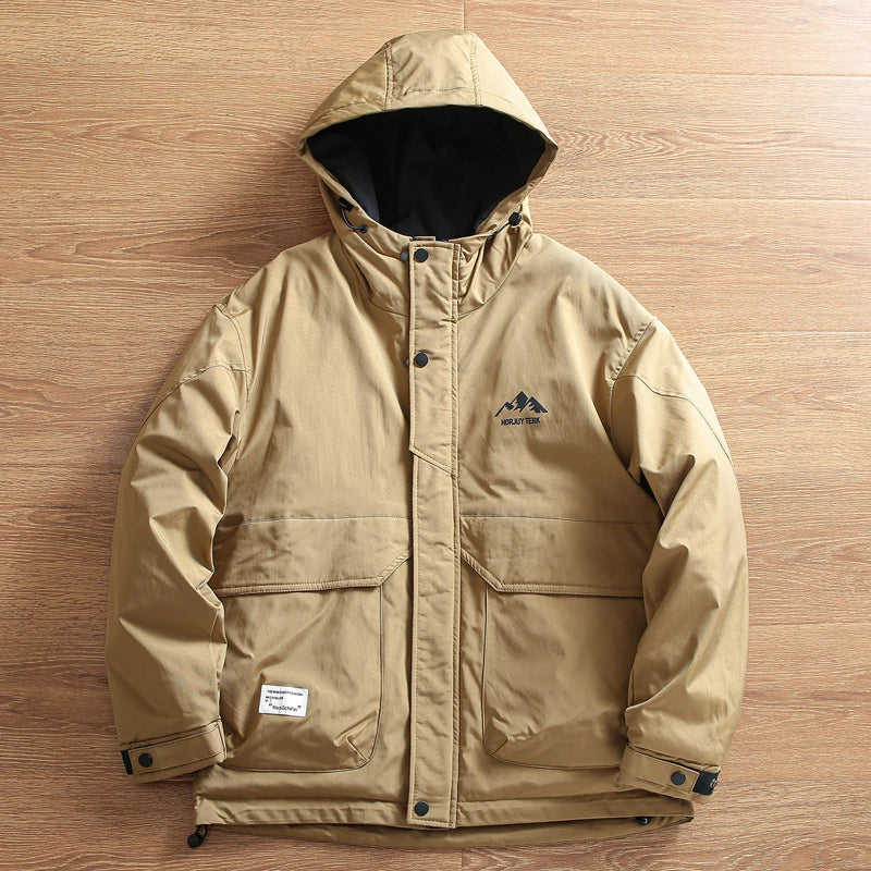Threebooy Outdoor Windproof  Padded Jacket Plus Thickened Warm Large Pocket Workwear Casual Hooded Parkas Trendy High-end Button Up Coats