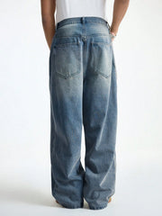 Threebooy  1Pc Men's Wide Pants Brushed Jeans Wide Jeans Y2K New Rocks Jeans Buggy Black Hip-Hop Pants