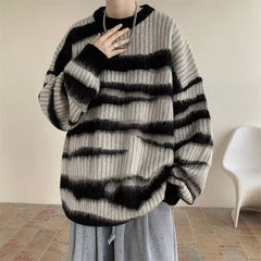 Threebooy  American Streetwear Irregular Striped Sweaters For Men Letter Appliques Crewneck Knitted Pullovers Hip Hop Y2K Knitwear