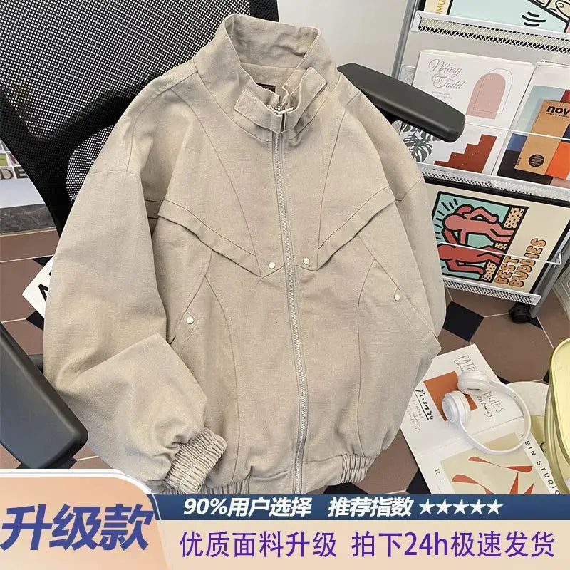 Threebooy American Cityboy Jacket Wash Canvas Deconstructed Stand Collar Coat Design Sense Top Spring Autumn Korean Trend Bomber Jacket