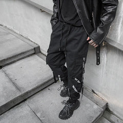 Threebooy Techwear Cargo Pants Men Joggers Black Cargo Trousers for Men Jogging Japanese Streetwear Hip Hop Hippie Gothic Ribbon