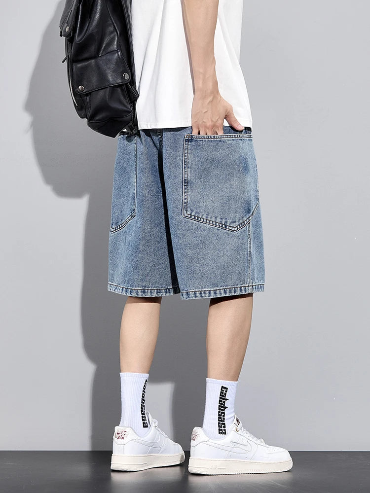Threebooy  Men's Summer Denim Cargo Shorts Big Size 8XL 7XL 6XL Elastic Waist Straight Baggy Jeans Shorts