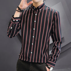 Threebooy  Korean Fashion Men Social Shirt Casual Button Down Slim Fit Long Sleeve Smooth Striped Shirts