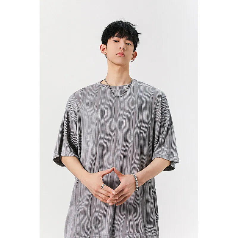 Threebooy Round Neck Ice Silk Pleated T-Shirt Men's Quick Drying Breathable Casual T Shirt Leisure Sport T-shirt Men Plus Size 8XL-M