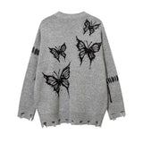 Threebooy High Street Trendy Men Sweater Dark Butterfly Jacquard Round Neck Pullover with Hole in The Bottom Hem Knitwear Spring Autumn