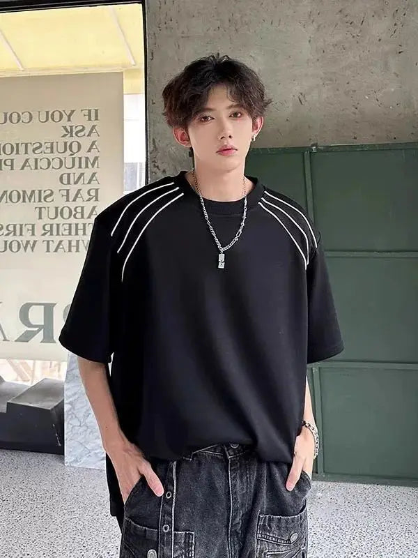 Threebooy  Deconstructed Line Short-sleeved T-shirt Men's Summer Design Sense High-end High Street Fashion Brand Handsome Five-point