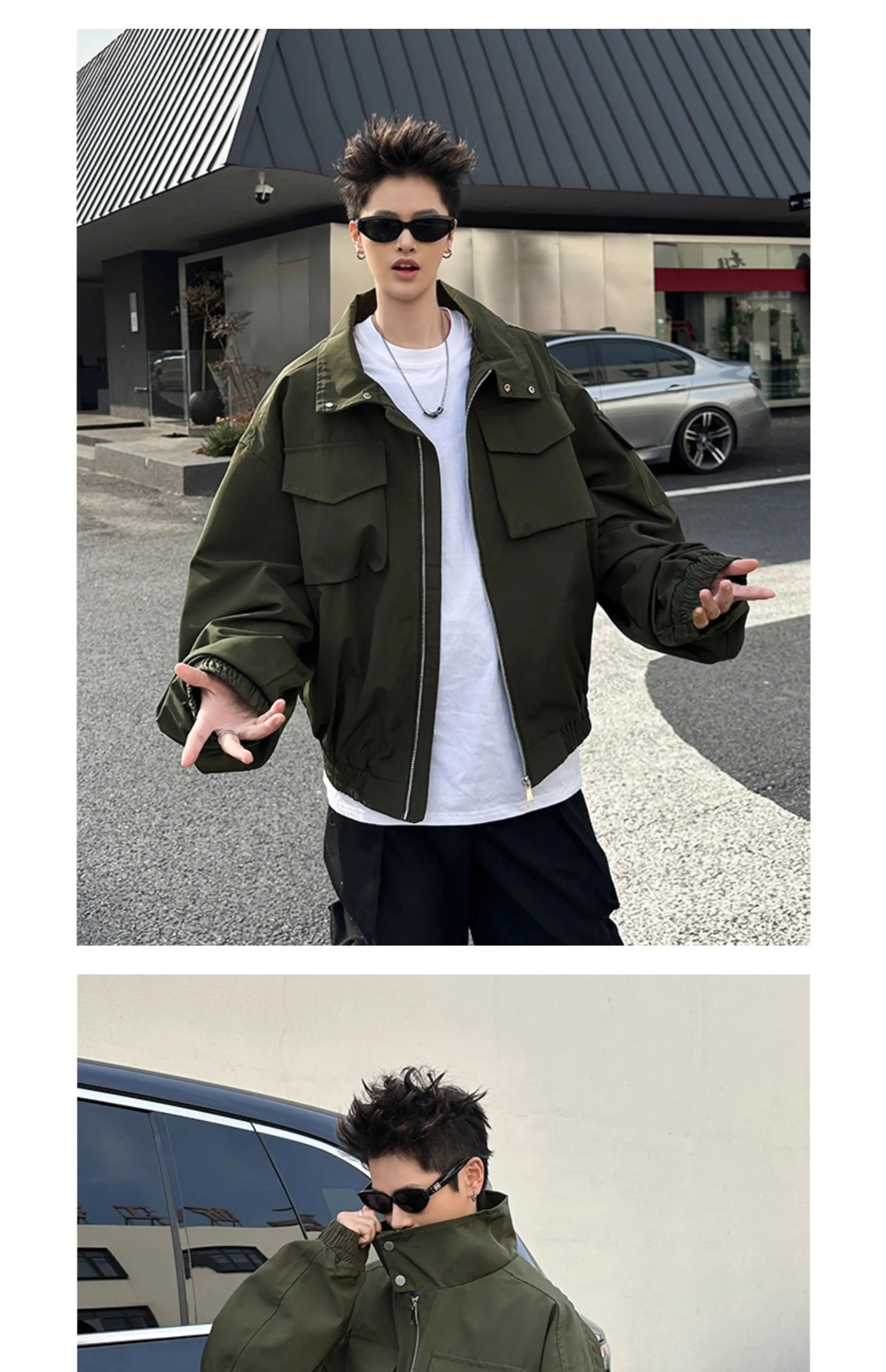 Threebooy Outdoor Work Jacket Men's Spring Autumn American Retro Zipper Coat Silhouette Bomber Handsome High Street Flying Work Jacket
