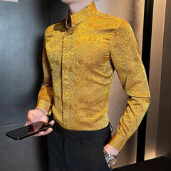 Threebooy  Spring Autumn Stand Up Collar Long Sleeved Printed Shirts Men Fashion Casual Business Social Formal Chinese Style Men's Shirt