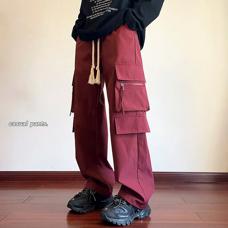 Threebooy Cargo Pants Men Fashion Retro Pocket Casual Pants Men Japanese Streetwear Hip-hop Loose Wide Leg Pants Mens Vintage Trousers