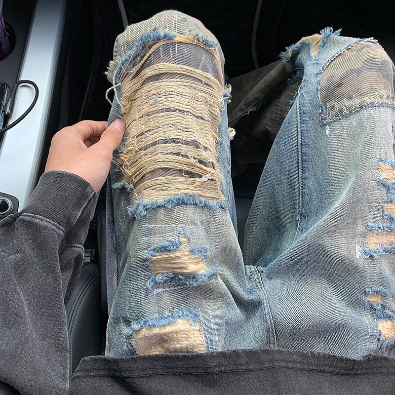 Threebooy High Street Denim Pants Camouflage Spliced Micro Flare Jeans Unisex Hip Hop Straight-Ripped Breasted Punk Trousers