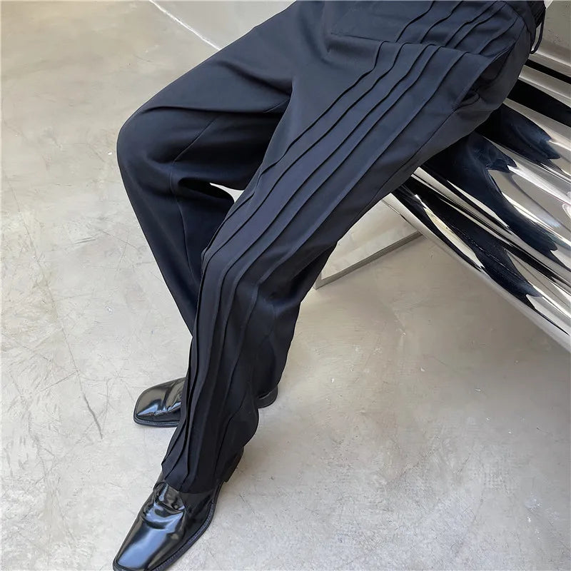 Threebooy  Korean Trendy Design Pleated Trousers Men's Casual Floor Suit Trousers Bottom Suit Pants Blue black Clothing Pants S-XL