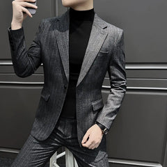 Threebooy  Striped Men's Set Wedding Korean Version Business Casual Stylish High-End Suit Jacket New Model