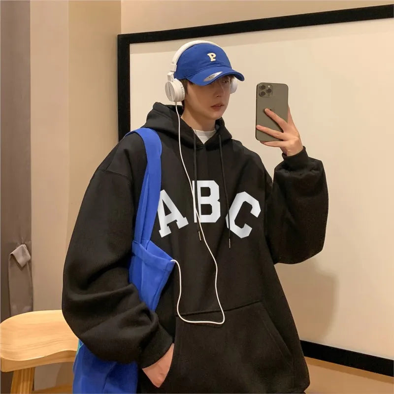 Threebooy Letter Print ABC Men's Hoodies 2025 Autumn new sudadera hombre Korean Fashion Harajuku Pullover Hip Hop Long Sleeve Hooded
