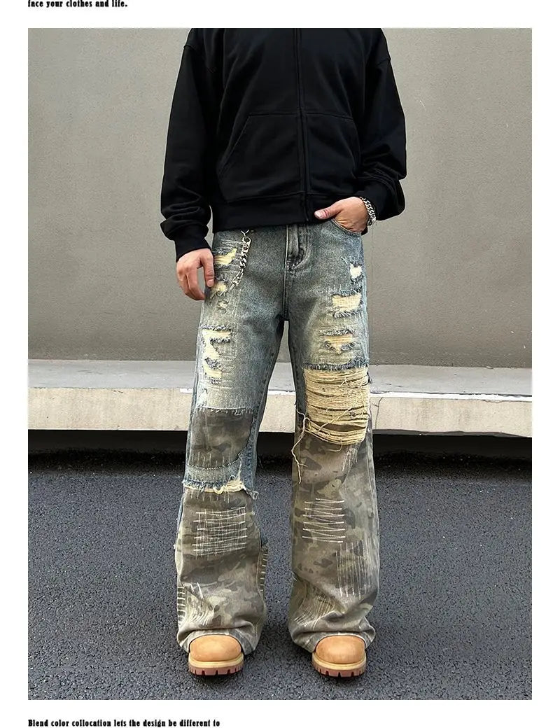 Threebooy American high street men and women trendy washed straight leg jeans for couples loose retro spring and autumn casual pants y2k