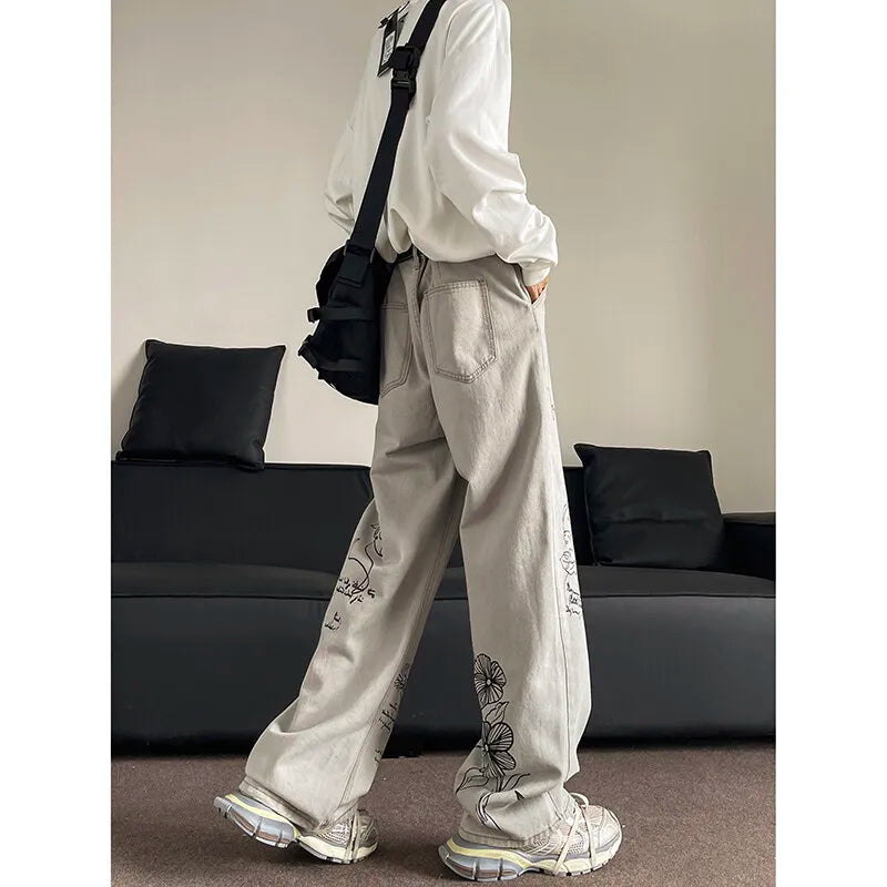 Threebooy  Men Loose Fit Straight Leg Printed Jeans Casual Comfort Denim Pants Streetwear Trendy Fashion Hip Hop Baggy Denim Trousers