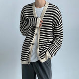 Threebooy Mens Autumn Winter Y2k Black Apricot Striped Cardigan Knitted Sweater New Essential Comfortable Loose Casual Jacket For Men