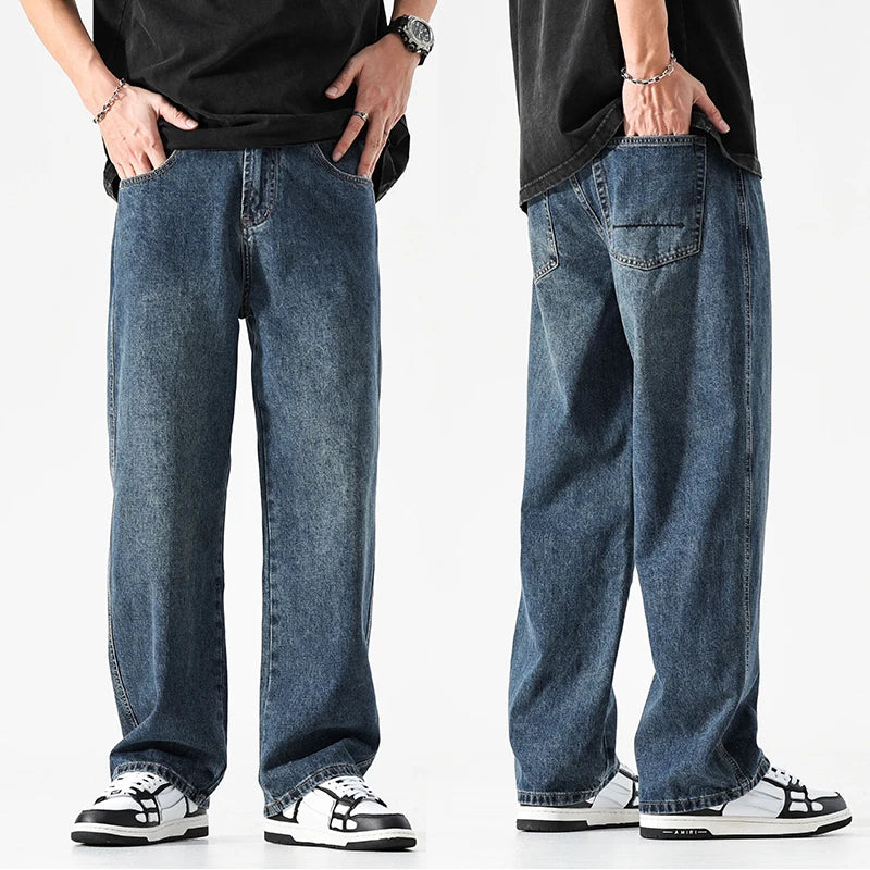 Threebooy  Wide Leg Jeans Men Baggy Pants Summer Straight Cut Loose Retro Blue Denim Pants Streetwear Fashion Pockets Vintage Man Clothes