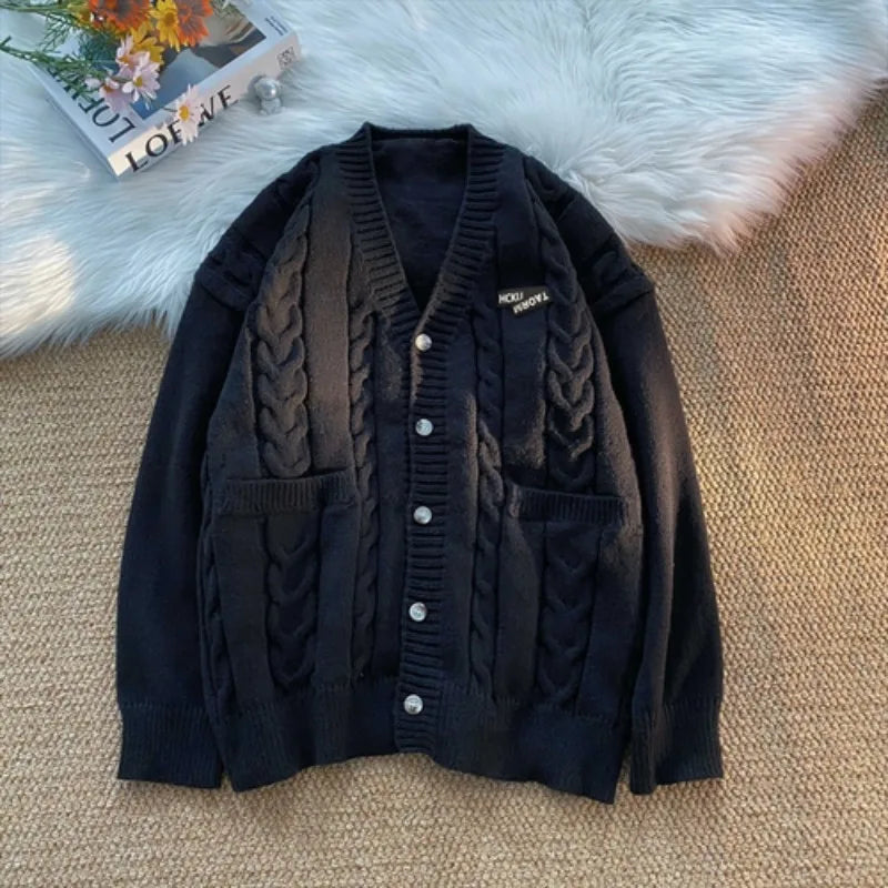 Threebooy Letter Twists Cardigan Sweater Men New Preppy Grunge Cityboy Knit Jacket Japan Couple Casual V-neck Sweater Coat