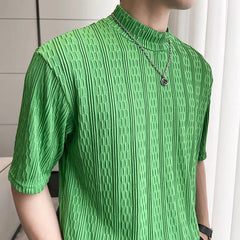 Threebooy Summer Men's Ice Silk Pleated Fabric Short Sleeve T-shirt Handsome Half High Collar Tshirts White/green/black T Shirts