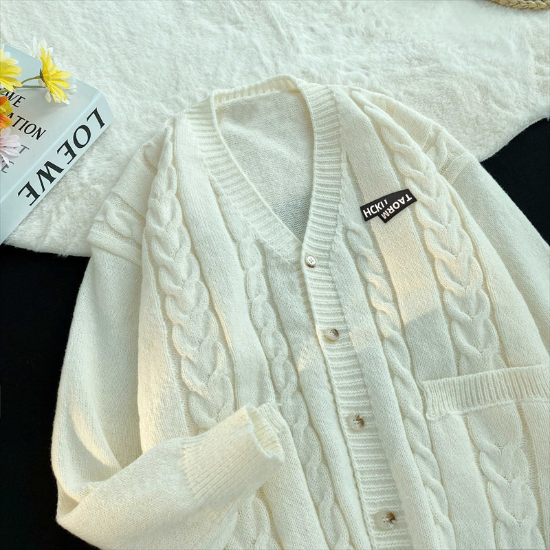 Threebooy Letter Twists Cardigan Sweater Men New Preppy Grunge Cityboy Knit Jacket Japan Couple Casual V-neck Sweater Coat