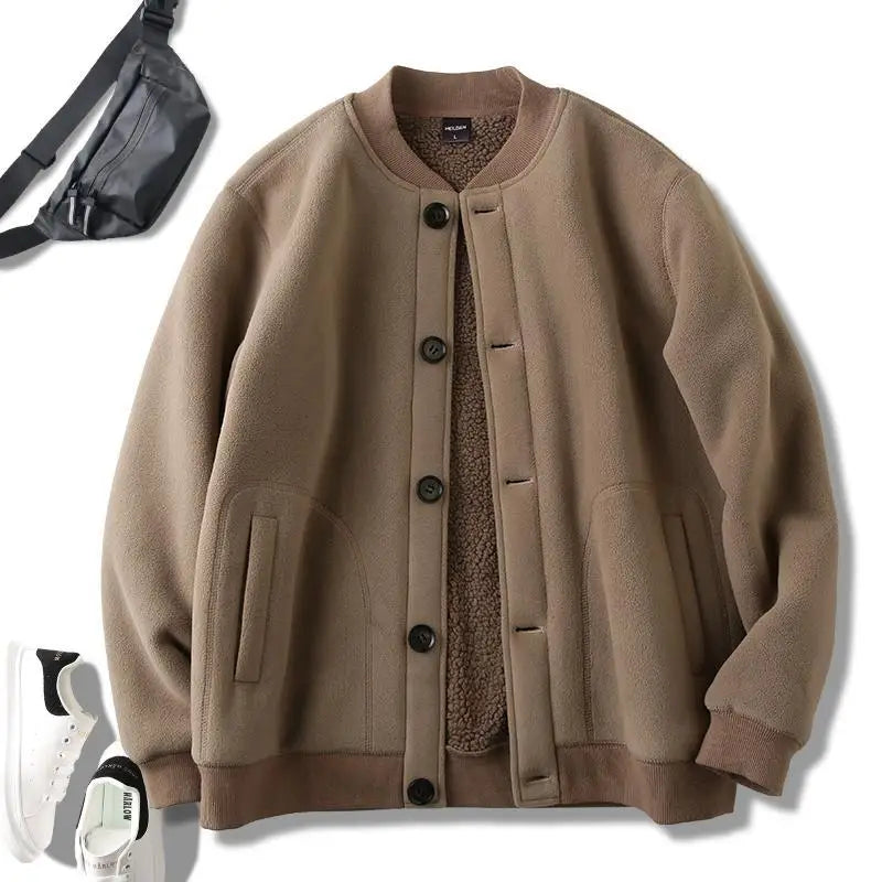 Threebooy Men's Jacket Autumn Winter Polar Fleece Stitching Double Layer Stand Collar Thickened Single-breasted Solid Color Jackets Tops