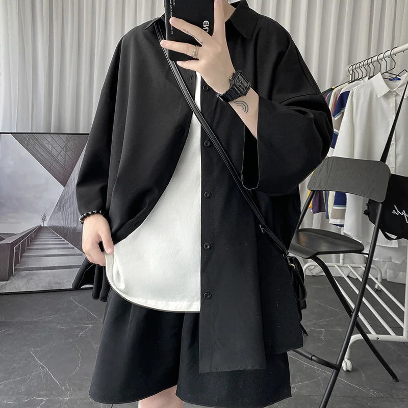 Threebooy Told Tale Oversized Men's Shirts Black/White Harajuku Men Seven Sleeves Casual Shirt Tops Summer Daily Streetwear Man Blouse
