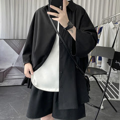 Threebooy Told Tale Oversized Men's Shirts Black/White Harajuku Men Seven Sleeves Casual Shirt Tops Summer Daily Streetwear Man Blouse