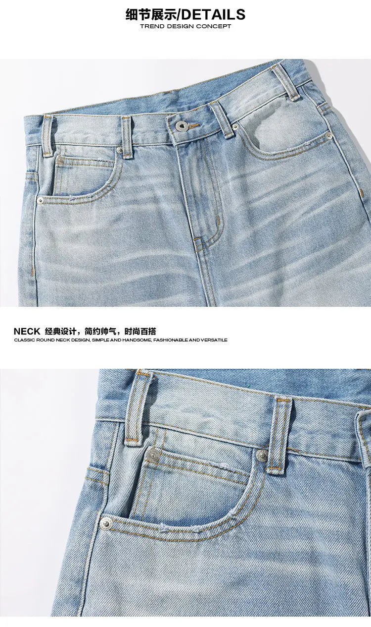 Threebooy Mens Classic Straight Light Blue Washed Denim Jeans M-5XL 7 Size Options Big Tall Multiple Fit Vintage Wash Large Size