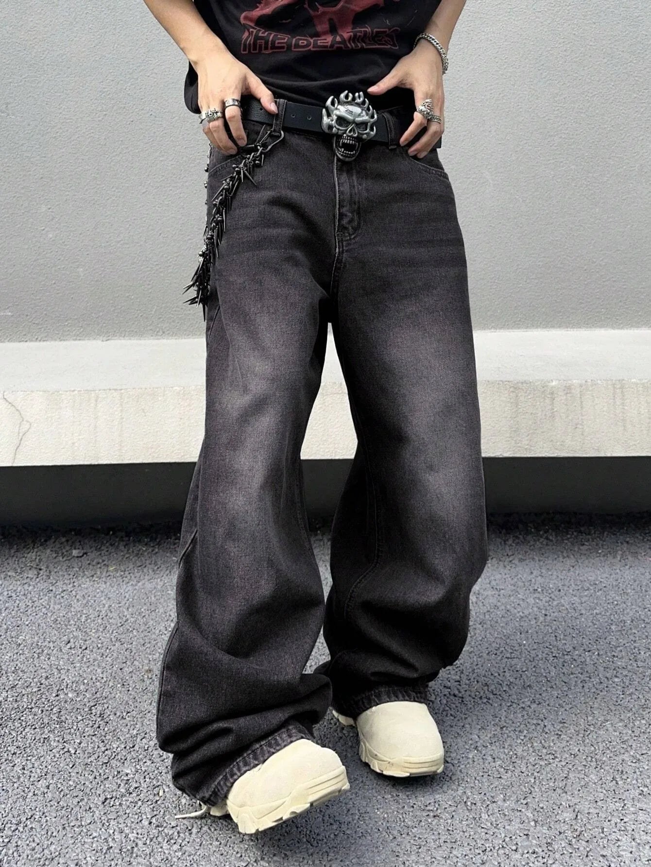 Threebooy  1Pc Men's Daily Travel Casual American Street Loose Jeans, Black, Light Blue, Sea Blue Fashion Street Style Retro Lantern Jeans Jeans Denim Pants