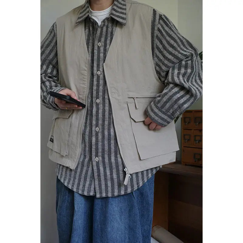 Threebooy Japan Cityboy Style Jacket Retro Work Clothes Striped Shirt Vest Korean Streetwear Men Women Loose Trendy Long-sleeved Jacket