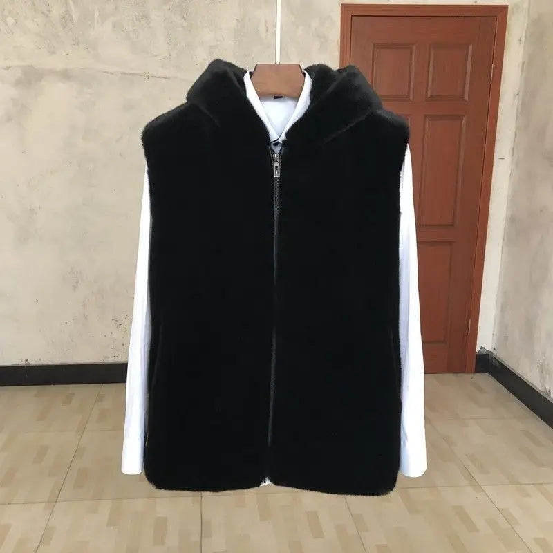 Threebooy American High-end Imported Imitation Mink Cross Vest Hooded Men Fur Coat Imitation Mink Vest Back Fur Integrated Vest Jacket