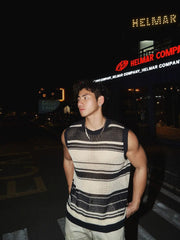 Threebooy  Stripe Contrasting Colors Hollowing Out Knitting Vest Men Casual Tops Loose Summer Niche Handsome Sleeveless All-match Vest