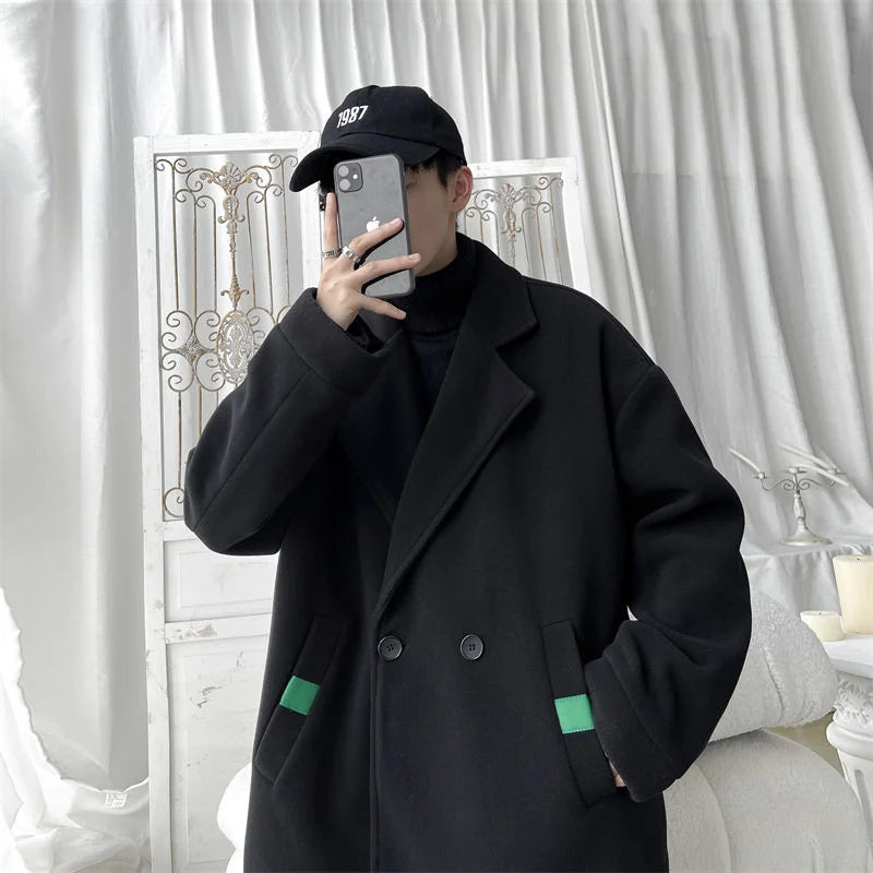 Threebooy Winter Beige Black Woolen Coat Men Warm Fashion Casual Double Breasted Woolen Jacket Mens Korean Loose Short Woolen Coat Men