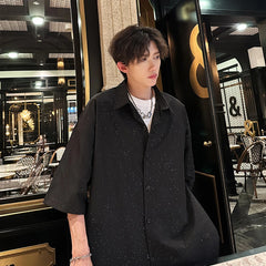 Threebooy Streetwear Men's Glitter Shirts Summer Short Sleeve Oversized Chic All-match Shirt Men Women Korean Daily Loose Tops Black/White