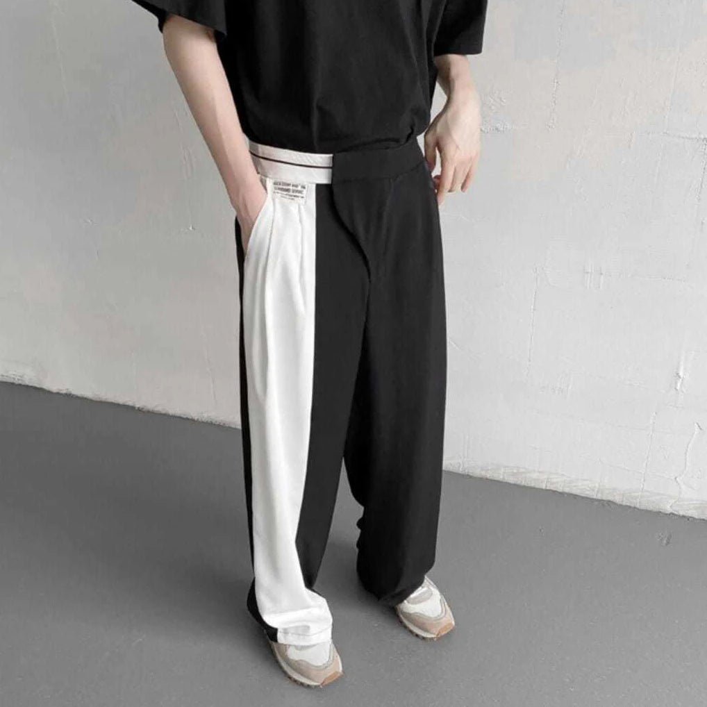 Threebooy Fashion Trend Black White Solid Color Asymmetrical Elastic Waist High Casual Full Length Pants Straight Loose Men's Clothing