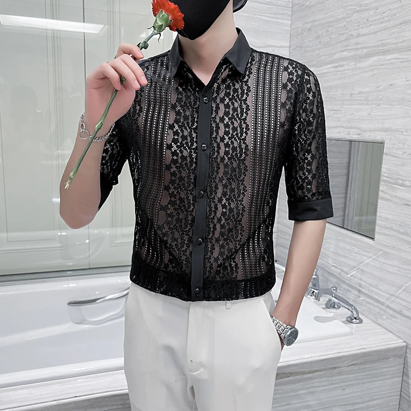 Threebooy  New Mens Black White Lace Hollow Patchwork Shirt Long Sleeve Luxury Party Promshirt Men's Petticoat Nightclub Dress Tuxedo