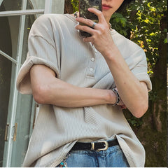 Threebooy  New Fashion Korean Style Men T-shirt Light Luxury Henry Collar Tops Casual Loose High Quality Solid Color Half Sleeve Tees M-2XL