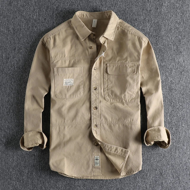 Threebooy  Autumn Loose Youth Workwear Shirt Coat For Male Simple Retro Solid Color 100% Cotton Drop Shoulder Long Sleeve Shirt Men