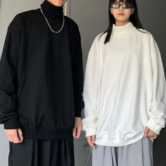 Turtle Neck Long Sleeve T-shirts Men Plus Velvet Warm Basic Solid Korean Style Loose CouplesTops Mens Clothes Streetwear Ins