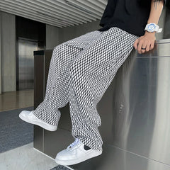 Threebooy Summer Ice Silk Pants Men Oversized Retro Plaid Pants Men Japanese Streetwear Loose Wide Leg Pants Mens Pleated Trousers M-5XL