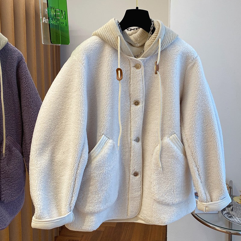 Threebooy Simple Niche Splicing Detachable Knitted Hooded Coat Women Autumn Winter Velvet Loose Casual Lamb Wool Warm Button Top