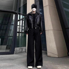 Threebooy  High Street Trendy PU Leather Crop Jacket Casual Textured Locomotive Zipper Turn-down Collar Solid Color Long Sleeve Men's Coats
