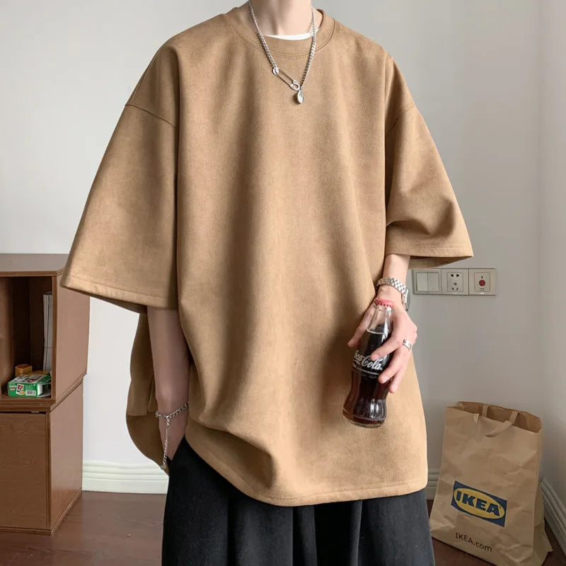 Threebooy  Summer T Shirt Men Oversized Solid Color Retro T Shirt Men Streetwear Hip-hop Loose Short Sleeved T-shirt Mens Suede T shirt