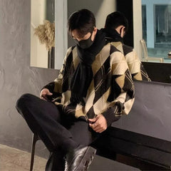 Threebooy  Autumn Men's Vintage Geometric Pattern Long Sleeve Sweater High Street Fashion Jacquard Knitwear Patchwork Y2K Knitted Pullovers