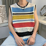 Threebooy Men Casual O Neck Sleeveless Knitted T Shirt Mens Trend All-match Knitting Tank Tops Camisoles Fashion Striped Crochet Knit Vest